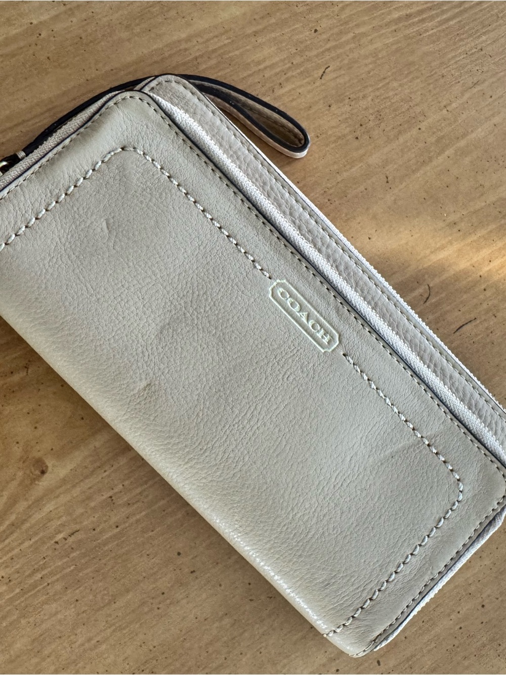 Coach Cream Leather Wristlet Phone Case with Zip and Strap